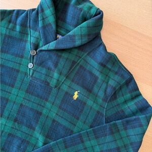 Ralph Lauren Classic Green and Navy Plaid Shawl-Collar Sweater with Yellow Pony